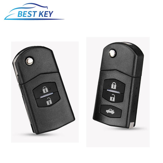 BEST KEY Klappschlüsselgehäuse mit 2/3 Tasten und großer Batterie für MAZDA 3 5 6 Series M6 RX8 MX5, mit ungeschnittener Klinge.